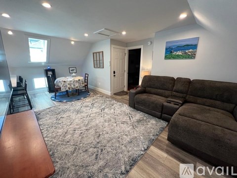 A living room with a brown sofa and a grey rug.