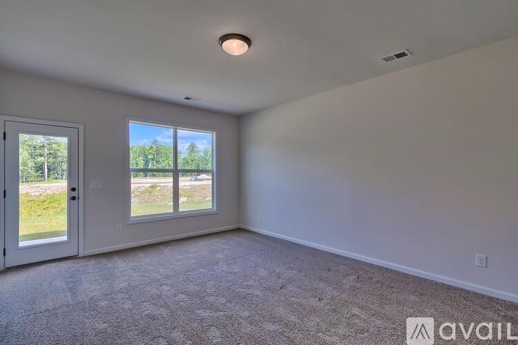 A room with a carpeted floor, a ceiling light, and a view of the outdoors through a window.