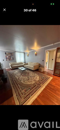 A living room with a rug and a couch.