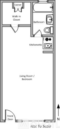 A floor plan of a small apartment with a living room, kitchenette, bathroom, and walk-in closet.