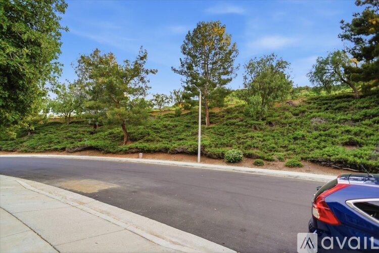 A car is parked on the side of a road with trees in the background.