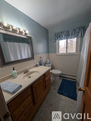 A bathroom with a sink, mirror, toilet, and a window.
