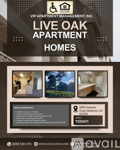 A flyer for Live Oak Apartment Homes with images of the apartments and information about the Section 8 qualifications.