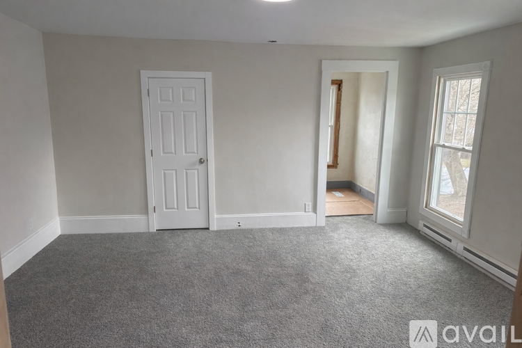 A room with a carpeted floor, a white door, and a window with a view of a tree outside.