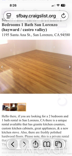 A screenshot of a webpage advertising a 2 bedroom and 1 bath rental in San Lorenzo, CA.