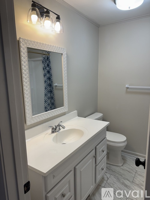 A bathroom with a white sink and a mirror above it.
