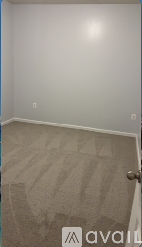 A room with a carpeted floor and a door.