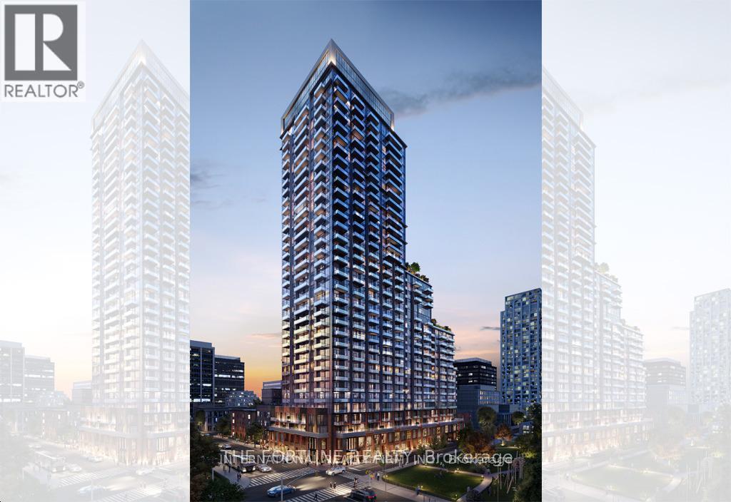 A tall building with a glass facade is the centerpiece of a real estate advertisement.