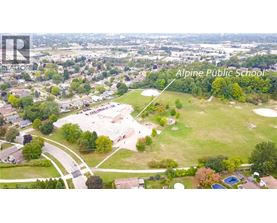 An aerial view of Alpine Public School with a playground and a swimming pool.