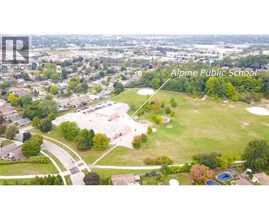 An aerial view of Alpine Public School with a playground and a swimming pool.