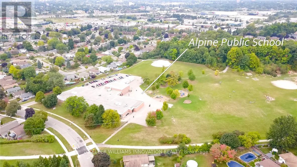 An aerial view of Alpine Public School with a playground and a pool.