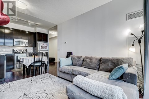 A living room with a grey couch and a patterned rug.