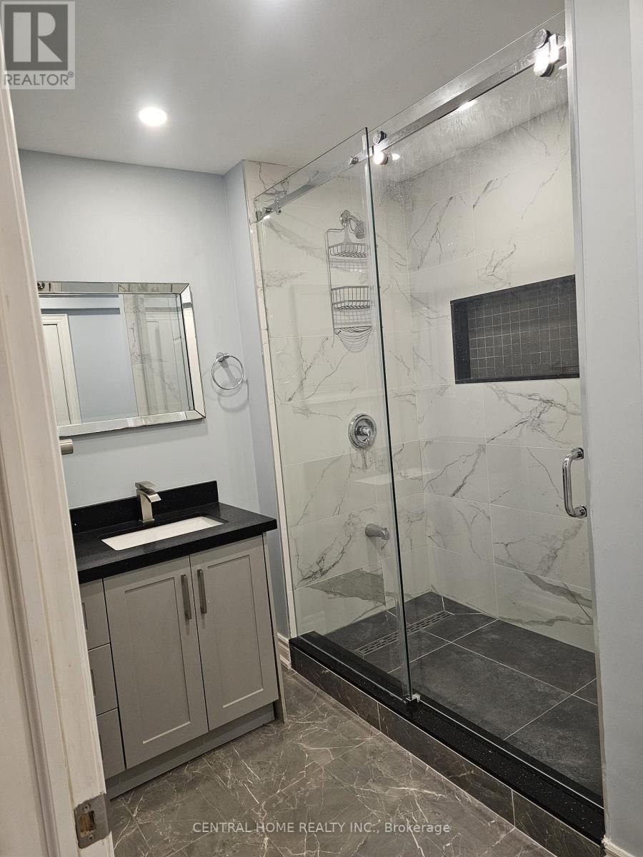 A bathroom with a walk in shower and a sink.