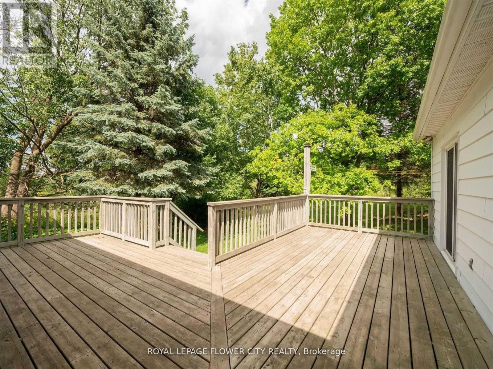 A wooden deck with a railing and trees in the background.