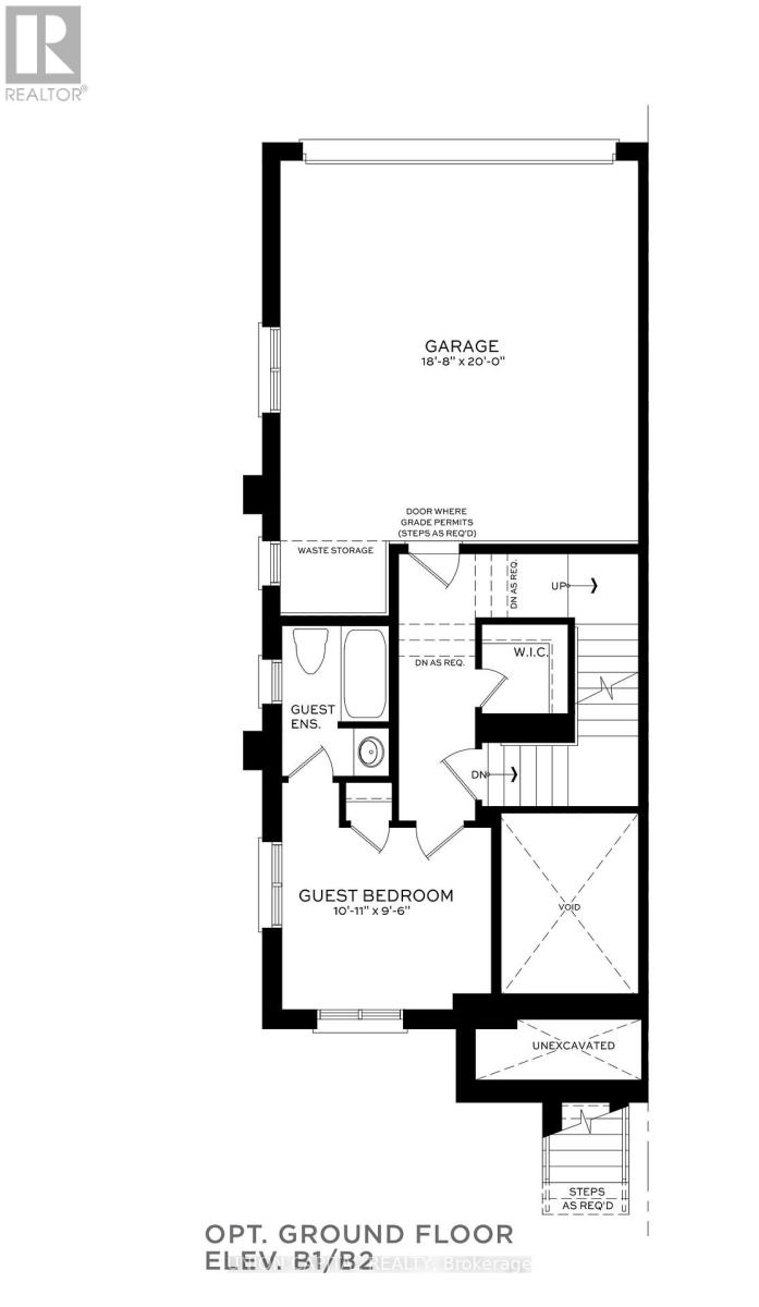A black and white image of a floor plan for a property with a garage, guest bedroom, and unspecified rooms.