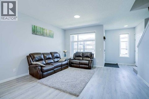 A living room with two brown leather sofas and a grey rug.