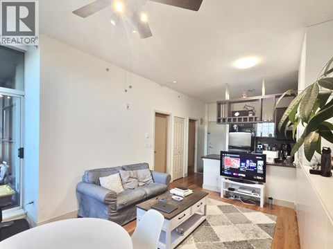 A living room with a grey couch and a television.