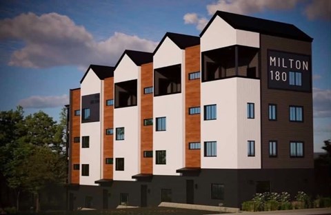 A modern building named Milton 180 is depicted in the image.