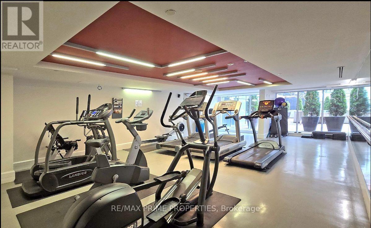 A gym with treadmills and exercise bikes.