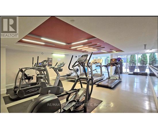 A gym with treadmills and exercise bikes.