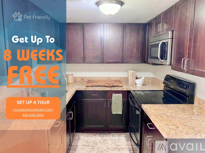 A kitchen with a sign offering 8 weeks free.