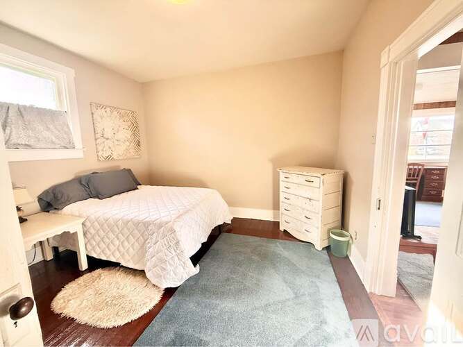 A bedroom with a bed, nightstand, and a rug.