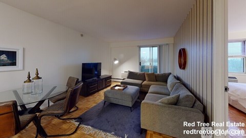 A living room with a grey couch and a glass table.