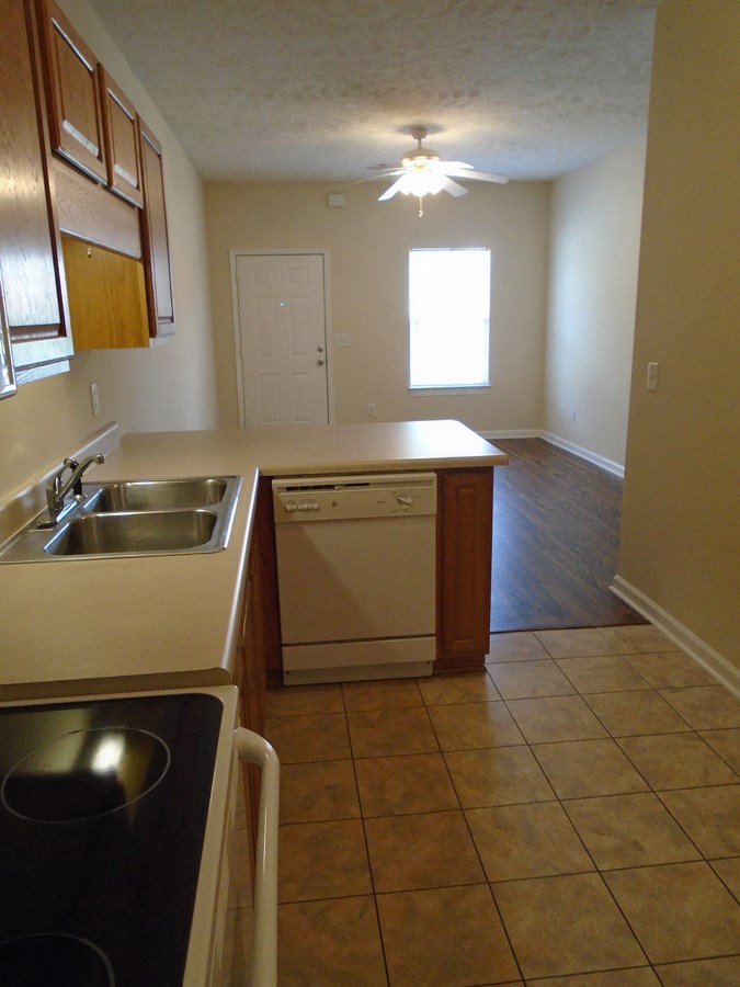 an empty kitchen with a sink and a dishwasher in it
