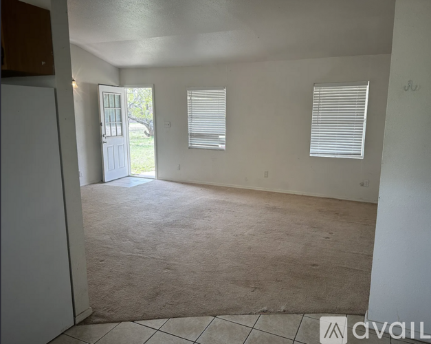 A room with a carpeted floor, two windows with blinds, and a door leading outside.