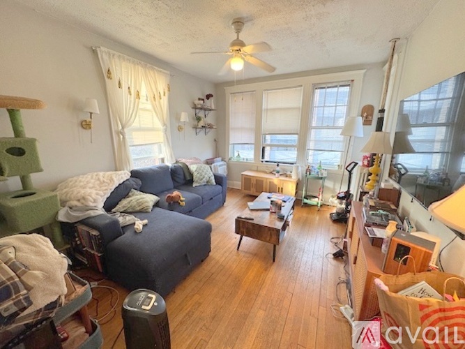 A living room with a couch, a coffee table, and a ceiling fan.