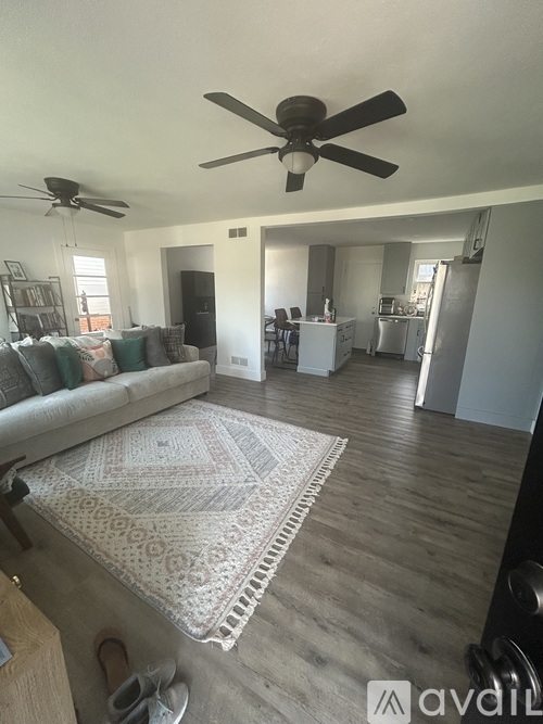 A living room with a couch, a rug, and a ceiling fan.