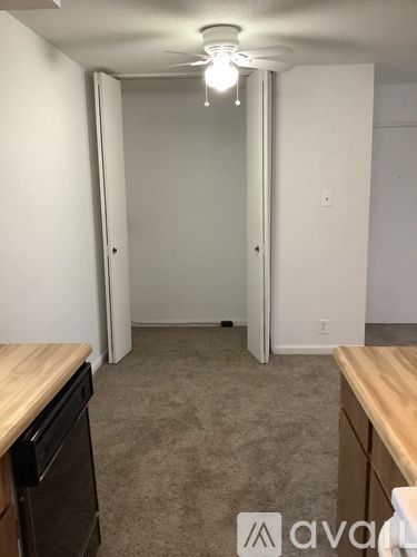 A room with a carpet floor and a wooden counter top.