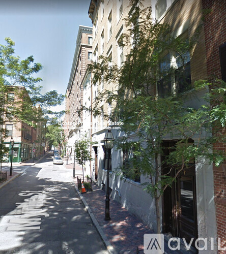 A street view of a city with buildings on either side and a tree in the foreground.