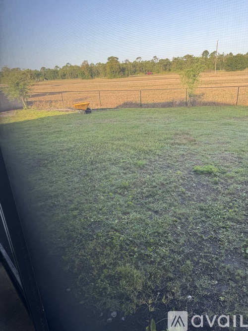 A field with a fence and trees in the distance.