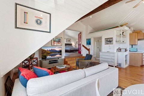 A living room with a couch and a picture of a flag on the wall.