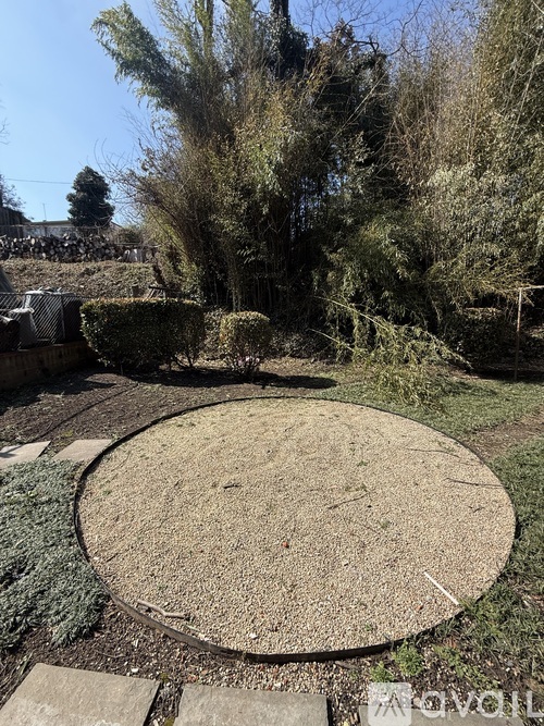 A circular garden bed is surrounded by a hedge and trees.