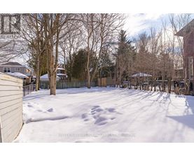 A snow-covered yard with a fence and bare trees.