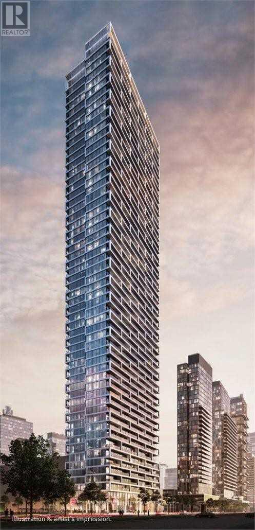 A tall, modern skyscraper with a glass facade stands prominently in a cityscape.