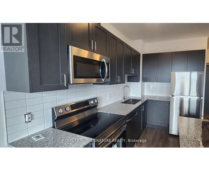 A kitchen with black cabinets and stainless steel appliances.