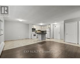 A realtor photo of an empty room with a kitchenette.