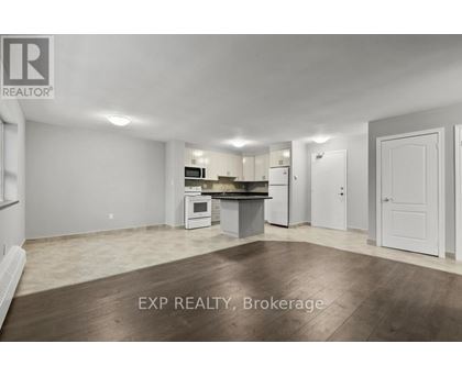 A realtor photo of an empty room with a kitchenette.