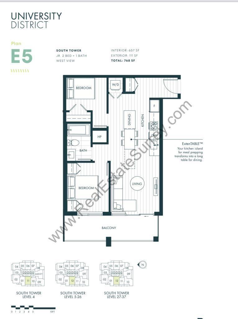 A floor plan for a University District building shows a layout with a south tower, west view, and details of bedrooms, bathrooms, and other rooms.