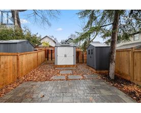 A backyard with a wooden fence and a shed.