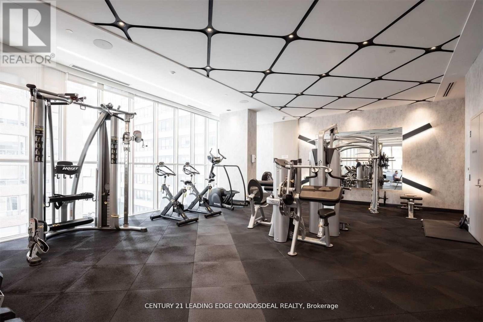 A gym with a variety of equipment including a treadmill, weights and a bench press.