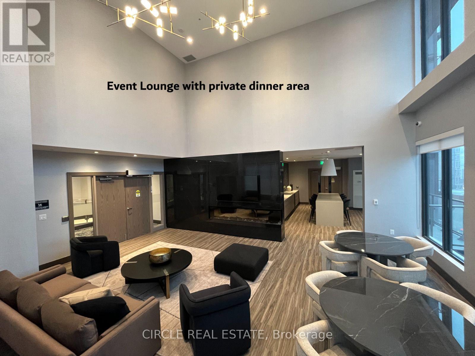 A modern event lounge with a private dining area.