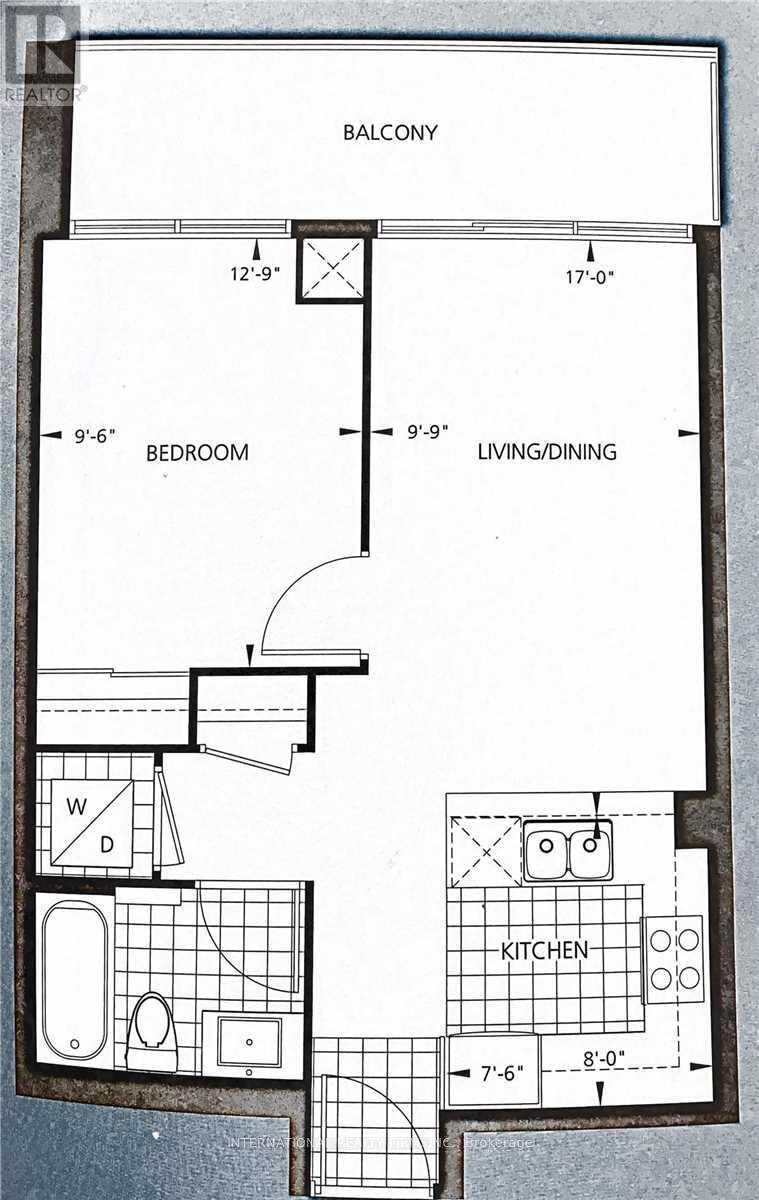 A floor plan of a small apartment with a bedroom, living/dining area, and kitchen.