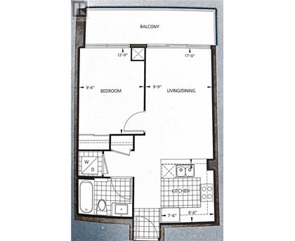 A floor plan of a small apartment with a bedroom, living/dining area, and kitchen.