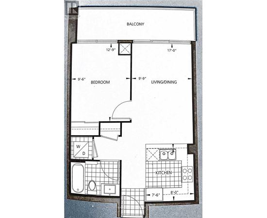 A floor plan of a small apartment with a bedroom, living/dining area, and kitchen.