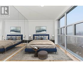 A bedroom with two beds and a large window.