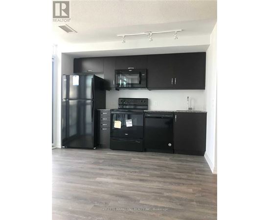 A kitchen with black appliances and cabinets.